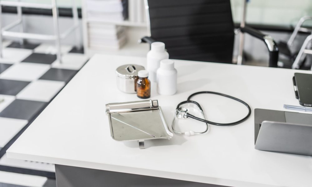 clean desk with medical equipment, ready professional use, sits empty, awaiting the next task