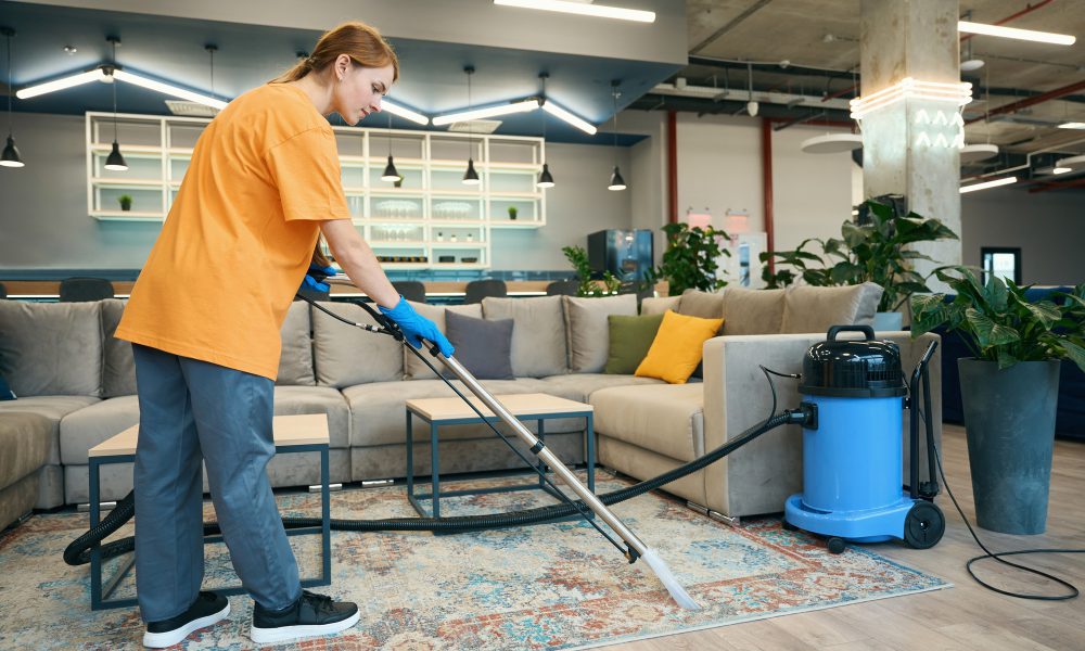 Cleaning company worker cleans a carpet in a recreation area