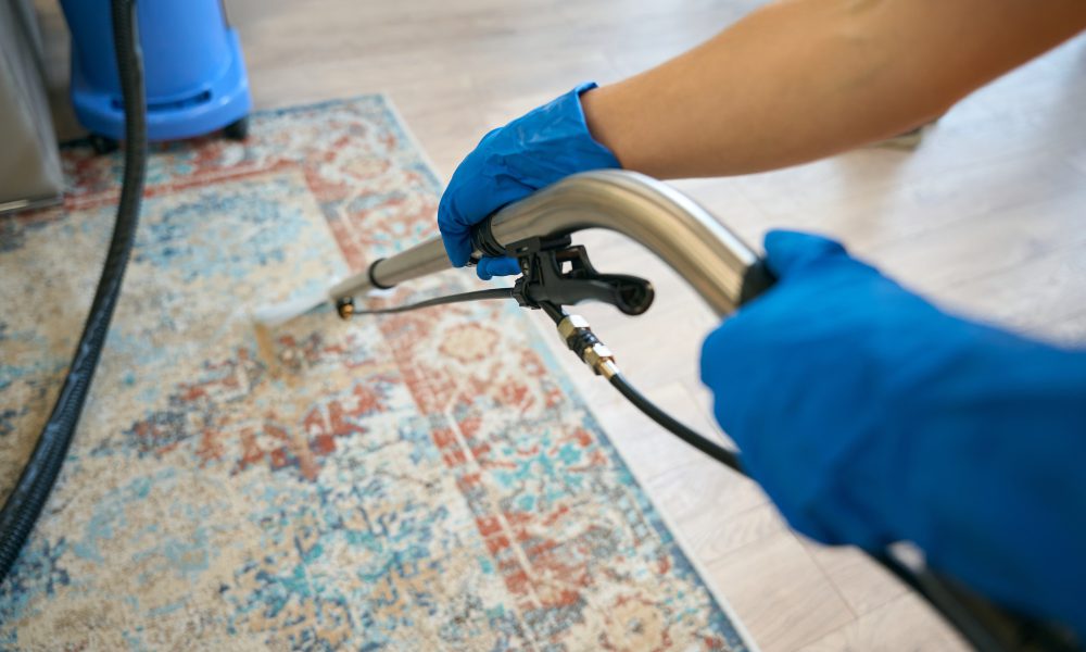 Cleaning company worker cleans the carpet in a recreation area