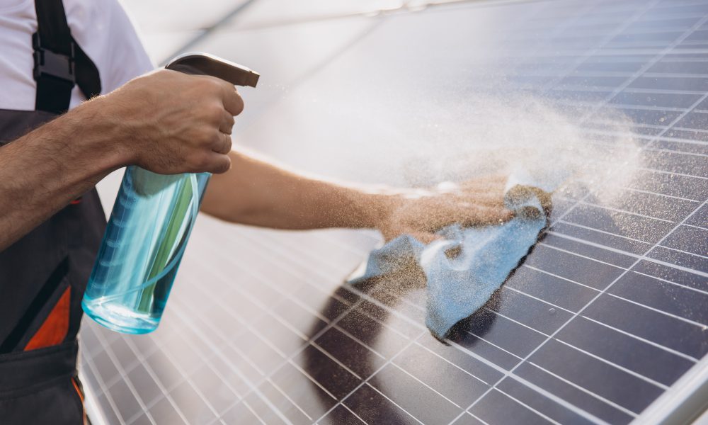 Close-up of a worker cleaning solar panels at a solar power plant or farm